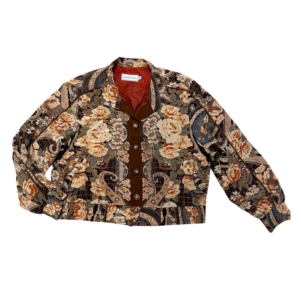 Vintage Floral Paisley Bomber Jacket Brown Tan Blue Size 14 Howard Wolf